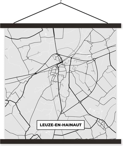 Posterhanger incl. Poster 60x60 cm - Schoolplaat - België – Leuze en Hainaut – Stadskaart – Kaart – Zwart Wit – Plattegrond - Textielposter - Zwarte latten - Stadskaart