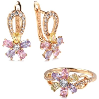 Nieuwe Roségoud Kleurige Bloem Oorbellen Ring Sets Voor Vrouwen Kleurrijke Natuurlijke Zirkoon Ringen Mode Bruid Bruiloft Sieradenset 6 beige