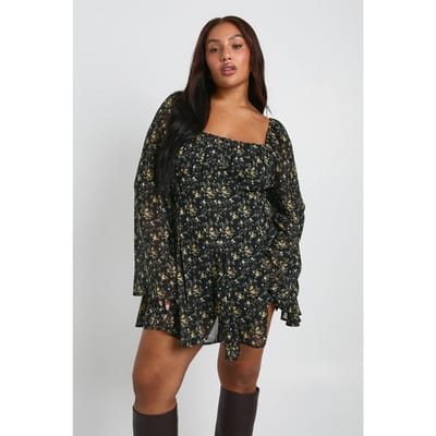 boohoo Dames Plus Floral Chiffon Godet Skater | Zwart | Maat: 44