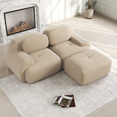 Corduroy hoekbank - frameloze bank - modulair samen te stellen - met gebogen armleuning - woonkamer - lounge en slaapkamer - beige