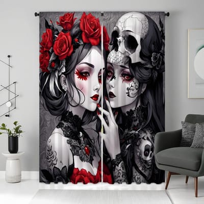 2 stuks HD Ghost Red Eye Skull schoonheid decoratief gordijn Zwarte stropdas digitaal bedrukt gordijn Huisdecoratie stijl decoratie W52H63inchW132H160cm black