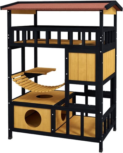 PawHut Katzenhaus aus Holz Katzenhöhle mit Plattformen, Hängebrück, Katzenhütte für bis zu 2 Katzen, Innen- und Außenbereich, Gelb