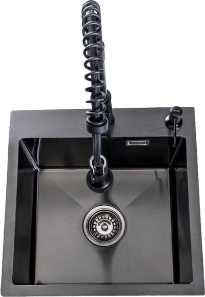 Lendo Online Spoelbak voor keuken met keukenkraan met uittrekbare uitloop en zeepdispenser 44x44x20cm - Zwart / Antraciet RVS - Roestvrij staal - Wasbak met waterafvoersysteem - Gootsteen + bevestigingshaken Binnenmaat: 39x35cm