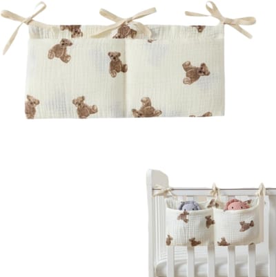 Hangende tas voor naast het bed - Opbergtas voor kinderen naast het bed - Met opbergvak - 2 vakken - Kan worden opgehangen - Geschikt voor kleding, luiers, speelgoed, enz.-38*18cm - Met berenpatroon