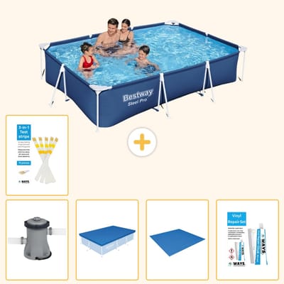 Bestway Rechthoekig Steel Pro Zwembad - 300 x 201 x 66 cm - Blauw - Inclusief Pomp - Afdekzeil - Grondzeil - Reparatiesetje - Testrips - 6-delig