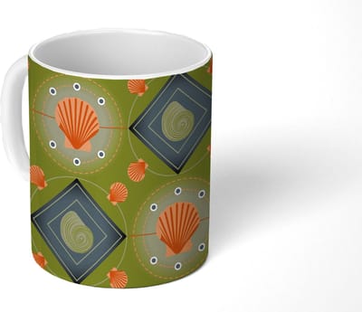 Mok - Koffiemok - Patchwork - Schelpen - Patronen - Zee - Strand - Mokken - 350 ML - Beker - Koffiemokken - Theemok