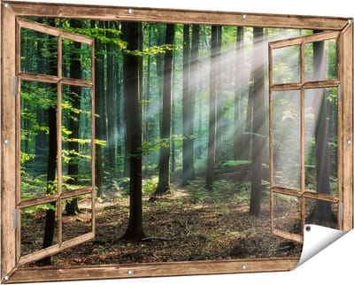 Gards Tuinposter Doorkijk Bos met Zon tussen de Bomen - 150x100 cm - Tuindoek - Tuindecoratie - Wanddecoratie buiten - Tuinschilderij