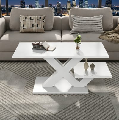 STILVORA Salontafel - Hoogglans Met Dubbel Tafelblad - X-Vormig Design Voor Woonkamer En Balkon - MDF - 100x48x45 Cm - Wit