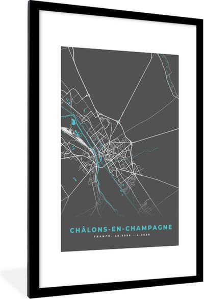 Fotolijst incl. Poster - Frankrijk - Châlons-en-Champagne - Stadskaart - Plattegrond - Kaart - 80x120 cm - Posterlijst