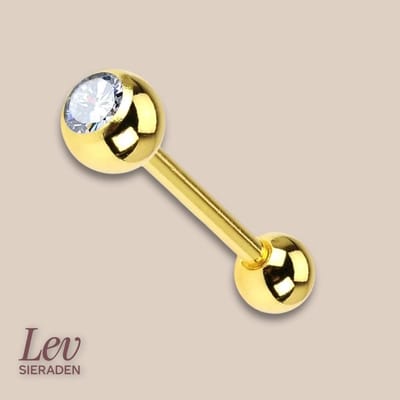 Lev Sieraden - Titanium Barbell piercing - 1.6 x 44 mm goud kleurig met 2 x 5 mm bal met steen - industrial Piercing labret piercing - Oorpiercing - lip Piercing - Tepel