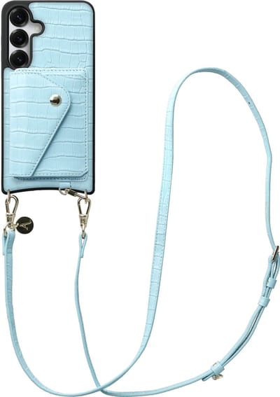 AVY Leren Hoesje geschikt voor Samsung Galaxy S25 / S24 | Met Koord en Kaarthouder | Compatibel met MagSafe | Leather Case met Crossbody Koord & Wallet | Long Leather | Croco Blauw