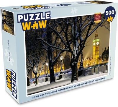 Puzzel De Big Ben tussen de bomen in een winterlandschap in Londen - Legpuzzel - Puzzel 500 stukjes
