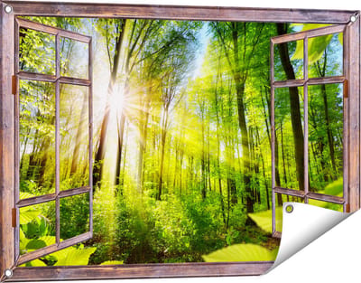 Gards Tuinposter Doorkijk Weg Omringd met Bomen in het Bos - 90x60 cm - Tuindoek - Tuindecoratie - Wanddecoratie buiten - Tuinschilderij