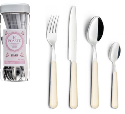 EME Brio Bestekset voor 4 personen, 16-delig, Roestvrij staal met gekleurd handvat, Ivory 18, Tube Box