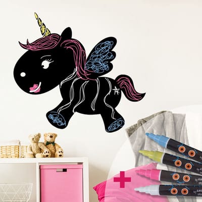 Schoolbordsticker - uitwisbare zelfklevende muurstickers - BABY EENHOORN + 4 VLOEIBARE KRIJTJES - 25x30cm