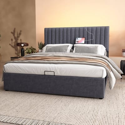 MEUNIQ gestoffeerd tweepersoonsbed 140x200 cm met opbergruimte, verstelbaar hoofdbord, LED met app-bediening, USB en USB-C, lattenbodem, grijs