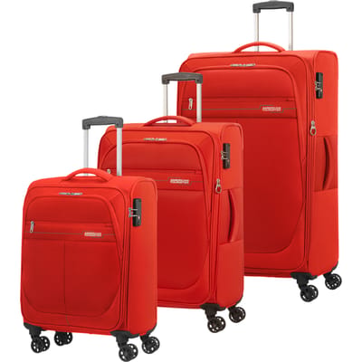 American Tourister Deep Dive 4 wielen Kofferset 3-delig met uitbreidingsplooi - Zachte bagage - TSA slot - red-grey