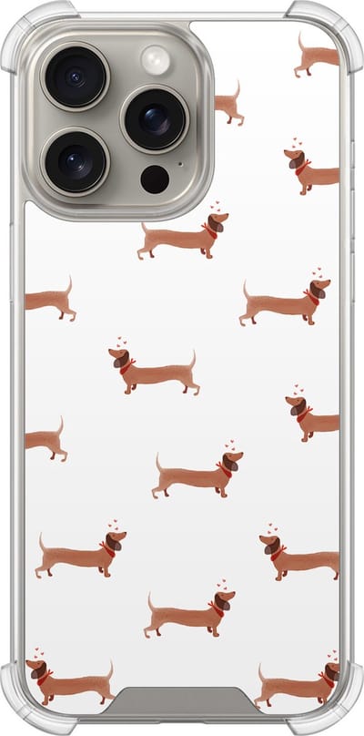 Shockproof hoesje - Geschikt voor iPhone 15 Pro Max - Teckels - Extra sterke case - TPU/polycarbonaat - Print / Illustratie - Bruin, Transparant