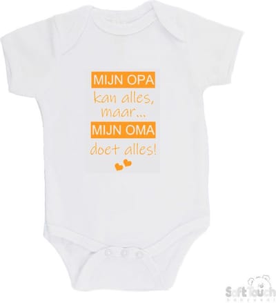 100% katoenen Romper "Mijn opa kan alles, maar mijn oma doet alles" Unisex Katoen Wit/mosterd Maat 62/68