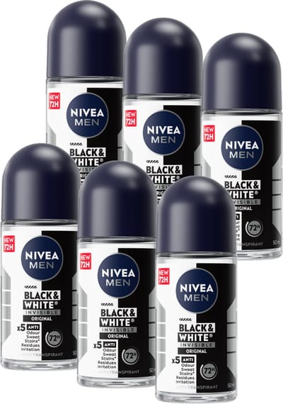 NIVEA MEN Black & White Original Anti-Transpirant Deo Roller - Anti-vlekken Deo - Voordeelverpakking - 6 x 50 ml