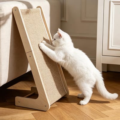 Krabplank katten - 105° design, kattenkrassen van massief beukenhout en natuurlijk sisal pad
