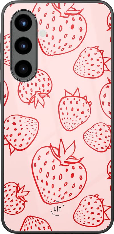 Hoesje geschikt voor Samsung Galaxy A57 - Aardbei - Luxe Glazen Hardcase - Print / Illustratie - Roze
