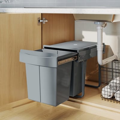 MODFU - Uittrekbare Inbouw Afvalemmer - 2 X 20 L - Met Uitneembare Binnenemmers - Onder Werkblad - Kunststof En Metaal - Grijs
