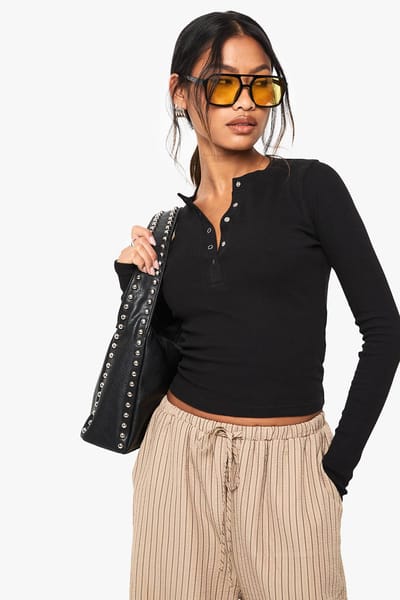 boohoo Dames Popper Front Rib Long Sleeve Top | Zwart | Maat: 38