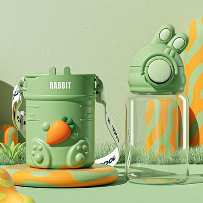 600ML Cartoon Konijn Kinderen Waterfles Met Rietje Kinderen Polymeer Beker Reisvriendelijk Anti-val Lekvrij Drinkfles Drinken Praktisch Gebruik 680ML