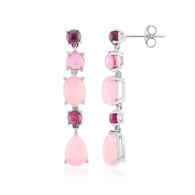 Cavill - Zilveren Oorbellen 925 Sterling met Roze Kwarts & Rhodoliet - 7,86 ct Druppelvormige Cabochon - Gerhodineerd & Elegant - Dames Sieraad 36 mm