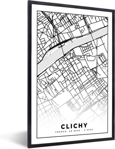 Fotolijst incl. Poster Zwart Wit- Kaart - Stadskaart - Clichy - Frankrijk - Plattegrond - Zwart wit - 40x60 cm - Posterlijst
