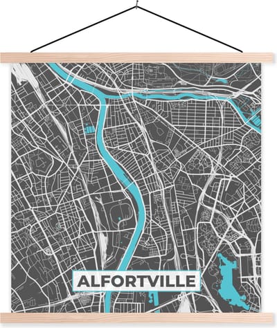 Posterhanger incl. Poster 40x40 cm - Schoolplaat - Alfortville - Frankrijk - Kaart - Plattegrond - Stadskaart - Textielposter - Blanke latten - Stadskaart
