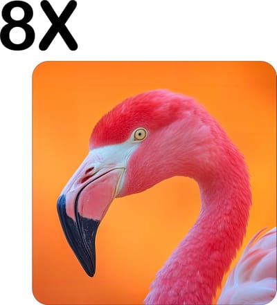 Luxe Placemat - Roze Flamingo met Oranje Achtergrond - Set van 8 Placemats - 50x50 cm - 2 mm dik Vinyl - Anti Slip - Afneembaar