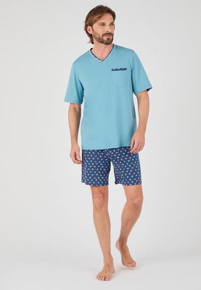 Damart - Pyjamashort van puur gekamd katoen. - Heren - Blauw - S