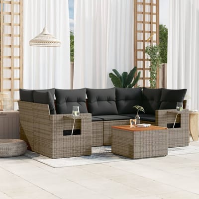 vidaXL - 7-delige - Loungeset - met - kussens - poly - rattan - grijs