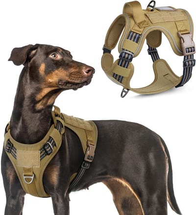 Famanu – Tactisch hondentuig no-pull met handvat en molle-paneel, reflecterend hondenharnas voor grote honden, bruin, maat L