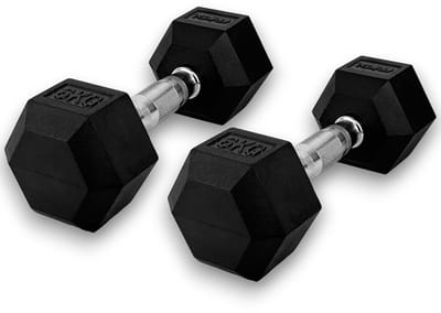 KRAKEN 2x 6 KG (=12 kg) Hexagon Dumbbell Set - Hex Dumbbell Halter Gewichten - Gietijzer Rubberen Coating - Chromen Handgreep 3,3 cm Ergonomisch - Rolt Niet - Stapelbaar - Thuis Gym Krachttraining - Dumbel Dumbbel Hand Gewicht Trainingshalter