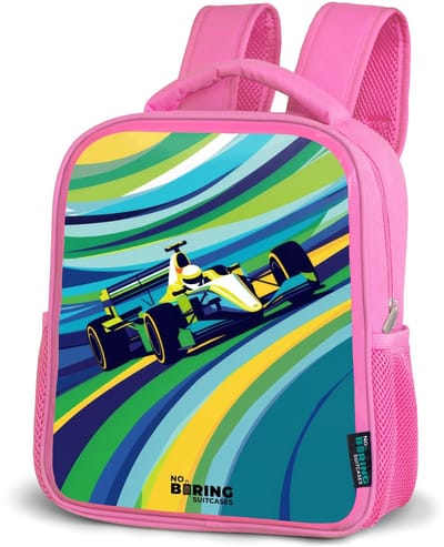 NoBoringSuitcases.com® - Rugzak roze - Schooltas meisjes - Raceauto op gestreepte achtergrond - Kinder rugtas meisje - Boekentas kind - Kinderrugzak voor school - Schoolrugzak