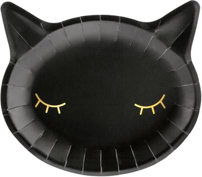 PARTYDECO - 6 zwarte kattenhoofd kartonnen borden 22 cm gouden ogen