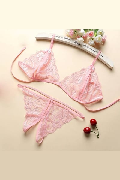 La Nuita Roze Kanten Bh Set Dames - Open Cup Bralette met Strappy Bandjes en String - Sexy Tweedelige Lingerie (S t/m XL)