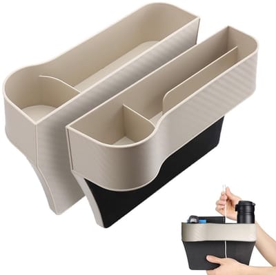 Dailygoods- Autostoel Organizer met Tafeltje - 2 Stuks - Zijvak Organizer - Auto Organizer - Kunststof - Beige - 25,8 x 6,1 x 16,4 cm - Autostoel Opbergvak
