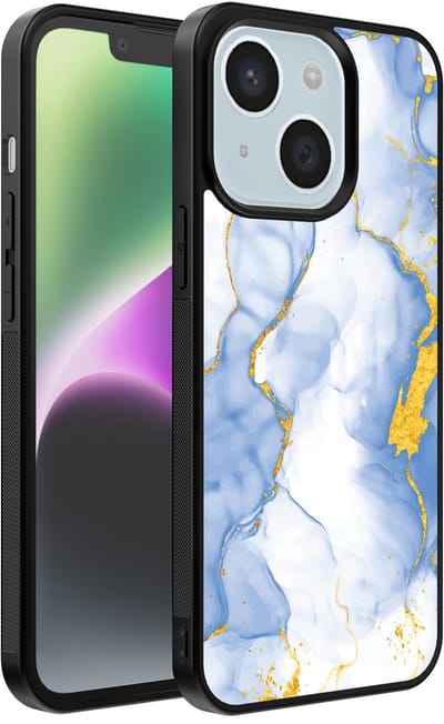 Smartphonica Telefoonhoesje Geschikt voor iPhone 14 met Lichtblauw Goud Marmer Opdruk - TPU Backcover Case Lightblue Gold Marble Design geschikt voor iPhone 14