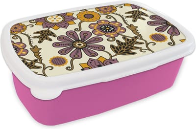 Broodtrommel Roze - Lunchbox - Brooddoos - Bloemen - Bohemian - Vintage - Cartoon - 18x12x6 cm - Kinderen - Meisje