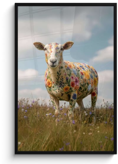 Poster in lijst - Fotolijst 80x120 cm - Posters - Schaap - Bloemen - Weide - Posterlijst zwart - Decoratie - Wanddecoratie woonkamer - Muurdecoratie slaapkamer