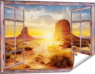 Gards Tuinposter Doorkijk Zonsondergang in Woestijn Monument Valley - 90x60 cm - Tuindoek - Tuindecoratie - Wanddecoratie buiten - Tuinschilderij