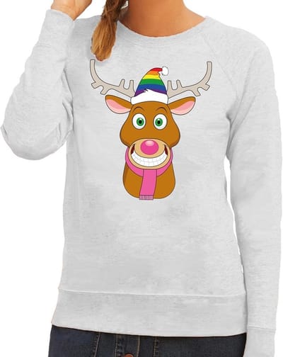 Foute kersttrui / sweater Gay Ruldolf met regenboog muts en roze sjaal grijs voor dames - Kersttruien XS