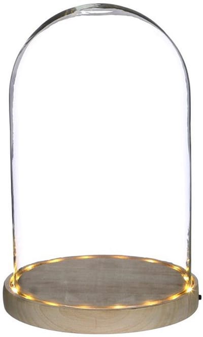 Ideas 4 Seasons Decoratie stolp - glas - houten plateau - LED verlichting - D17 x H25,5 cm