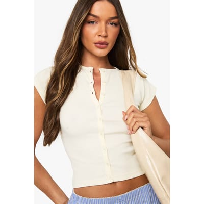 boohoo Dames Geribbelde top met doorlopende knoop en capmouwen | Citroen | Maat: 42