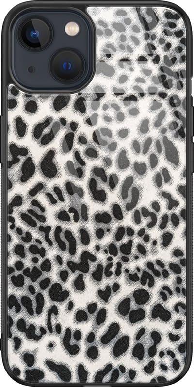 Hoesje geschikt voor iPhone 13 - Luipaard grijs - Luxe Glazen Hardcase - Luipaardprint - Grijs - Leuke Telefoonhoesjes