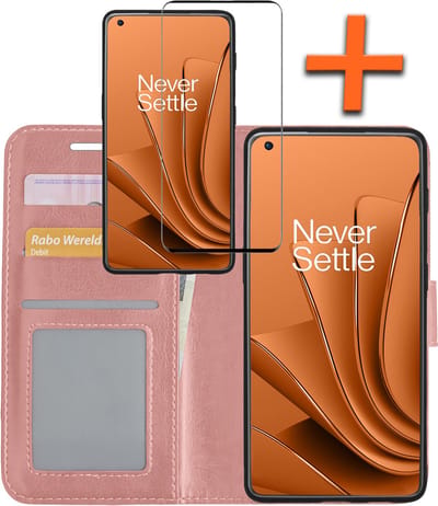 Hoes - Met Screenprotector - Geschikt voor OnePlus 10 Pro - Luxe Pasjeshouder - Bookcase Portemonee - Flip Case - Kunstleer Book Case - Flipcase - Book Cover - Walletcase - PortemonneeHoes - Rosé goud